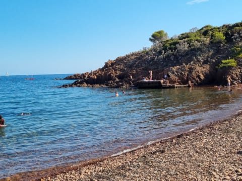 On the beach, sun loungers