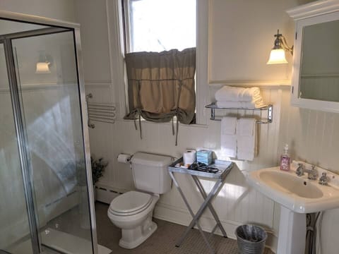 Combined shower/tub, towels, soap, toilet paper