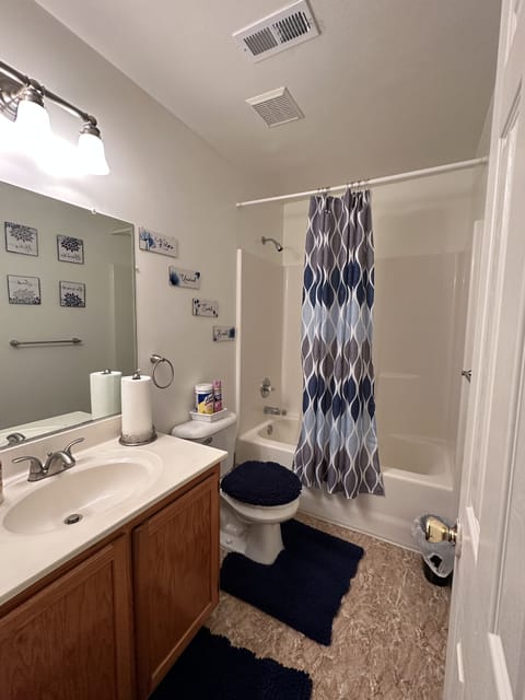 Combined shower/tub, hair dryer, towels, soap