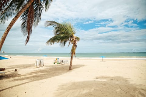 On the beach, sun loungers, beach towels