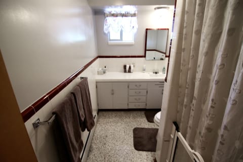 Combined shower/tub, hair dryer, towels