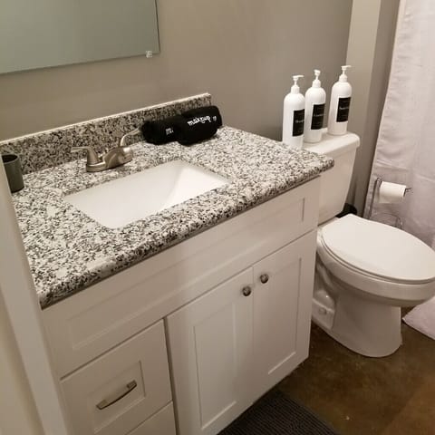 Combined shower/tub, hair dryer, shampoo