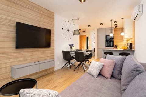 A comfortable space with a grey-coloured sofa opposite which hangs a flat-screen TV. The kitchenette is visible in the background.