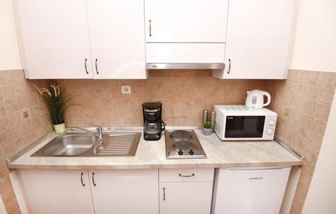 Fridge, microwave, stovetop, coffee/tea maker