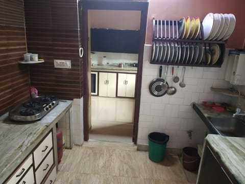 Fridge, microwave, toaster, cookware/dishes/utensils