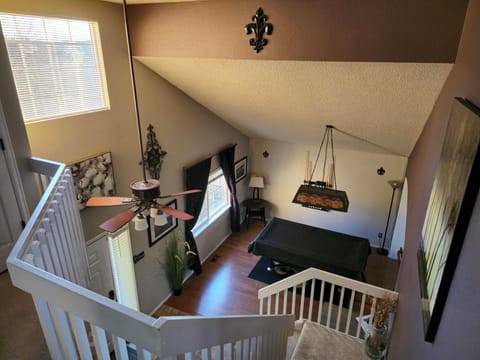 Overview of pool table and front entry.