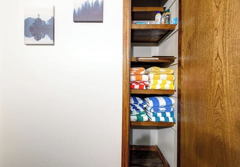 Inside the storage closet you'll find plenty of towels to be used at the DOCK, as well as some bug spry (hey it's called the natural state- there may be bugs outside!)