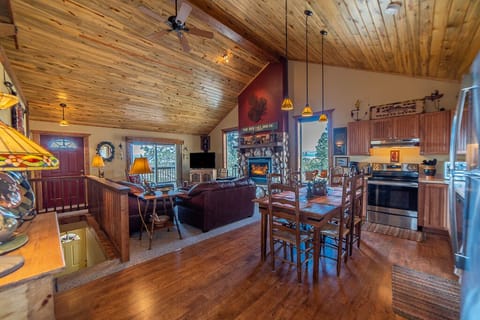 The dining table seats many and there are many chairs to add as needed.