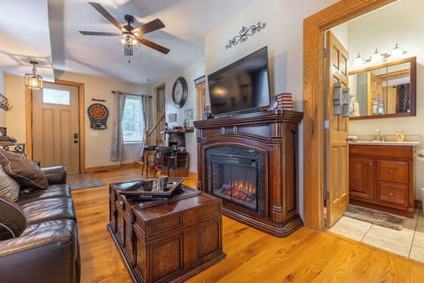 Smart TV, fireplace, books