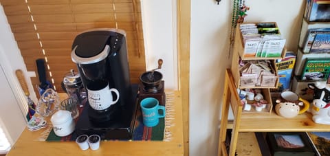 Full stocked coffee bar. Coffees, teas, creamer, non-dairy creamer, and sugar