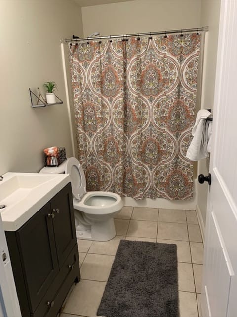 Combined shower/tub, hair dryer, towels