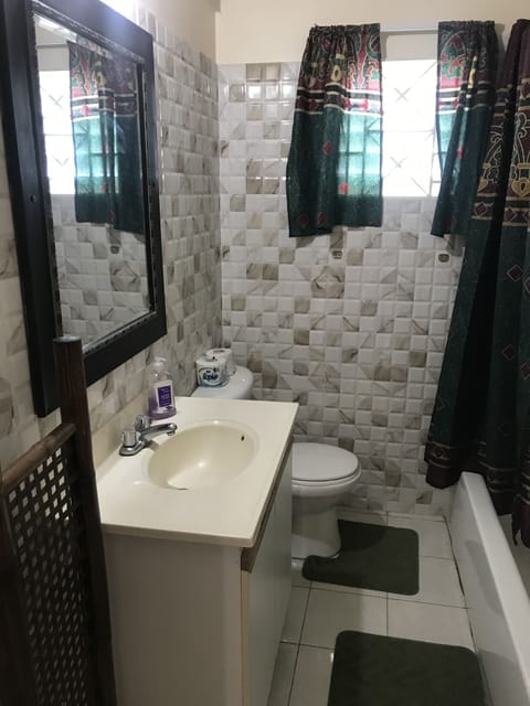 Combined shower/tub, soap, toilet paper