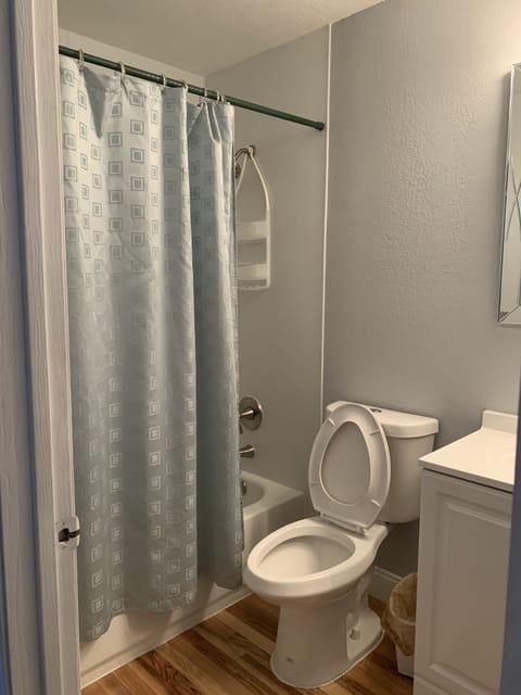 Combined shower/tub, towels, soap, toilet paper