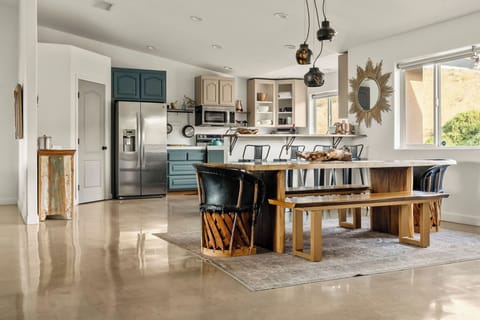 Dining for groups in a central open floor plan.