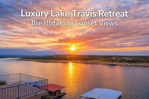 Large waterfront hot spot with easy access to Lake Travis, boatslip and nearby ramp, with pool side lounging, and an outdoor bbq on the deck with this view!