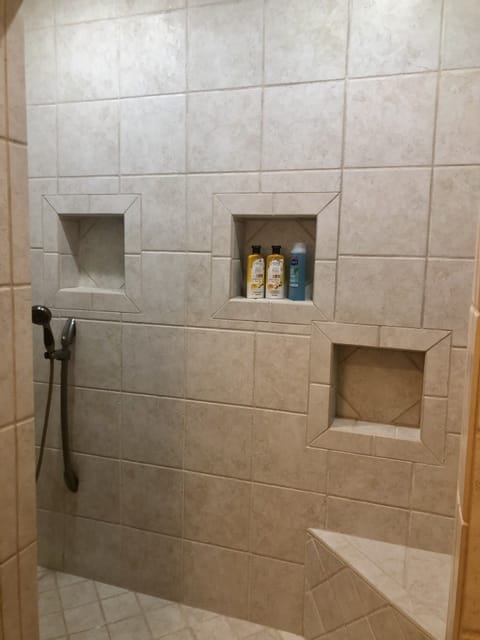 Combined shower/tub, hair dryer, towels, soap