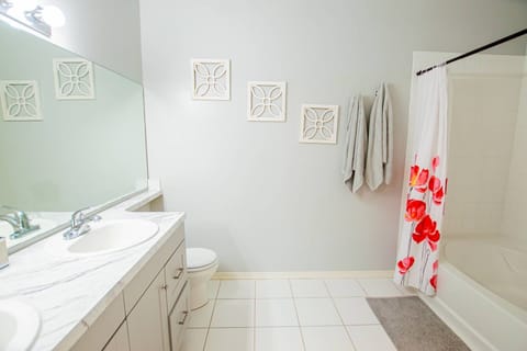 Combined shower/tub, hair dryer, towels