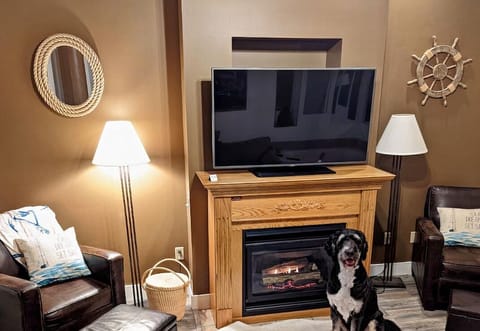 Enjoy the cozy living room with a gas fireplace.  This is Tank's favorite place to hand out.  Big well-behaved dogs are welcome.  Dog toys are inside the black ottoman.   