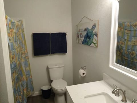 Combined shower/tub, towels