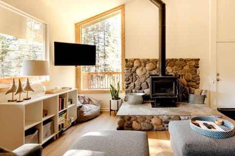 Living Room with queen pull-out couch and wood burning stove