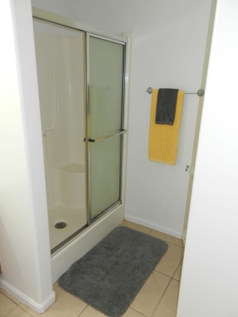 Combined shower/tub, hair dryer, towels, soap