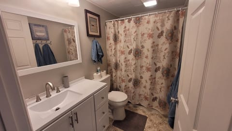 Combined shower/tub, hair dryer, towels, soap