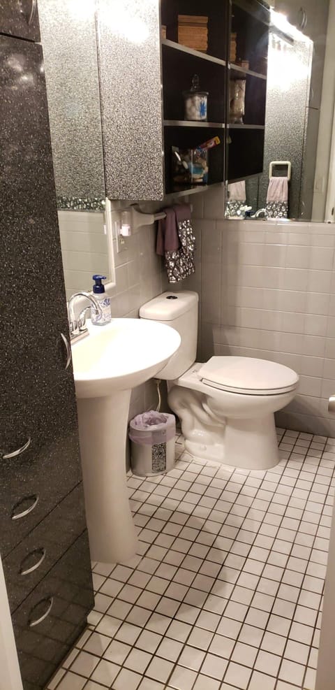 Combined shower/tub, hair dryer, towels, soap