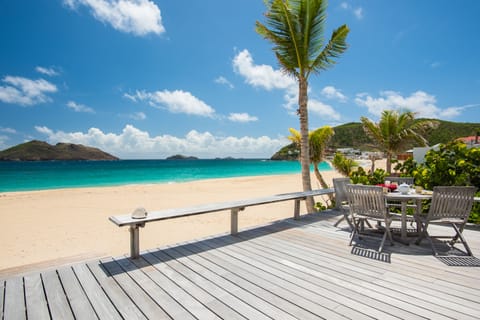 On the beach, sun loungers, beach towels