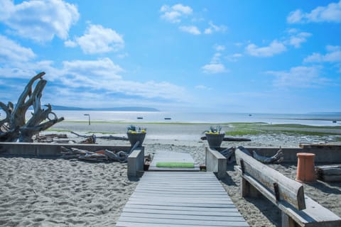 On the beach, sun loungers