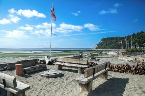 On the beach, sun loungers