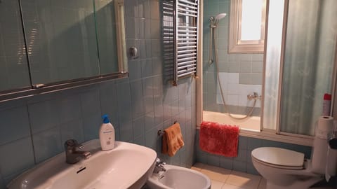 Combined shower/tub, hair dryer, bidet, towels