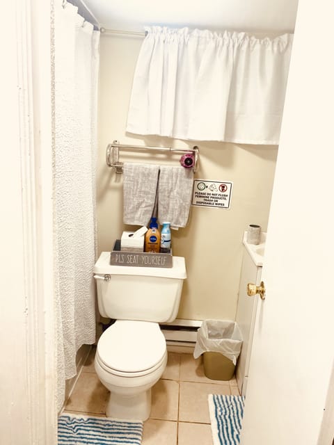 Combined shower/tub, hair dryer, towels, soap