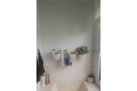 Combined shower/tub, towels, soap, toilet paper