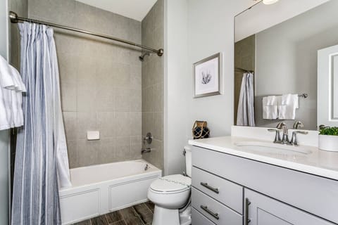 Combined shower/tub, hair dryer, towels