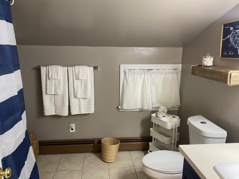 Combined shower/tub, hair dryer, towels, soap