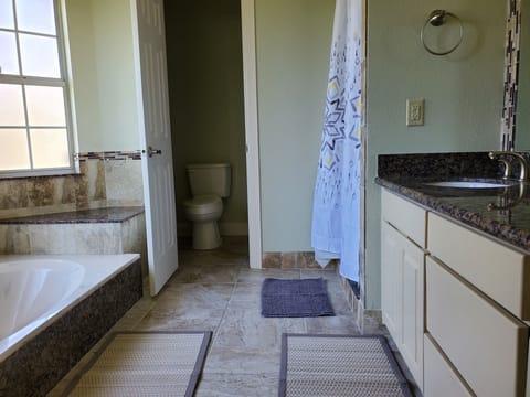 Combined shower/tub, hair dryer, towels, soap