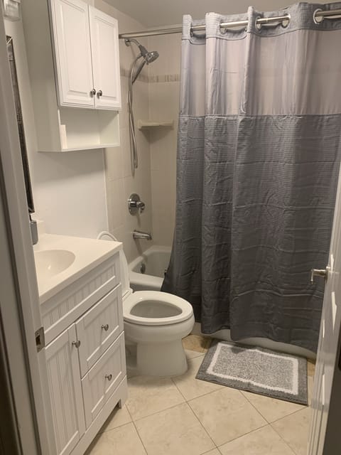 Combined shower/tub, hair dryer, towels, soap