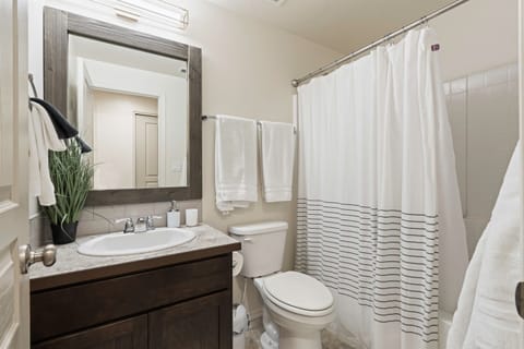 Combined shower/tub, hair dryer, towels