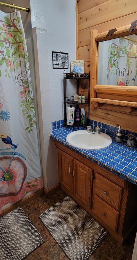 Combined shower/tub, hair dryer, towels, soap