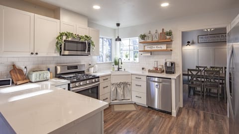 The kitchen comes well stocked with all essentials for your cooking needs.