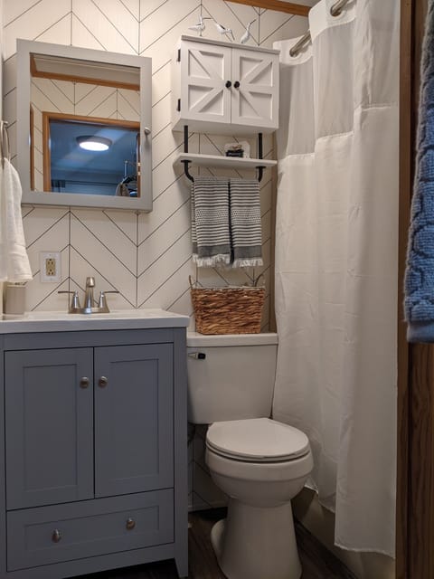 Combined shower/tub, hair dryer, towels, soap