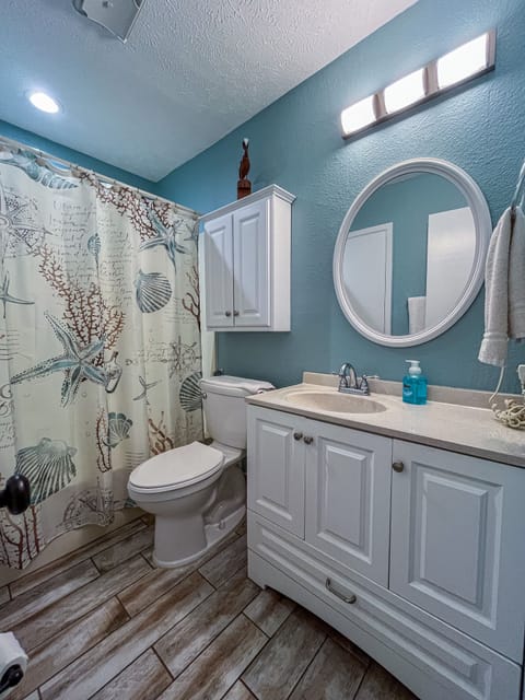 Combined shower/tub, hair dryer, towels, toilet paper