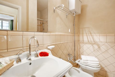 Combined shower/tub, hair dryer, bidet, towels