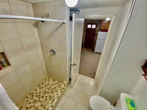 Combined shower/tub, towels, toilet paper