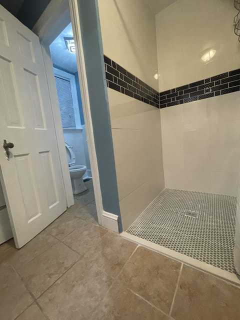 Combined shower/tub, hair dryer, towels, soap