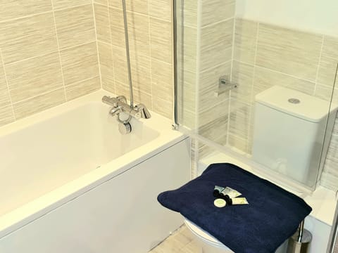 Combined shower/tub, hair dryer, towels