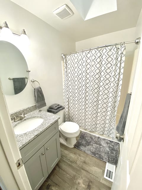 Combined shower/tub, hair dryer, towels, soap