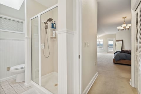 Combined shower/tub, jetted tub, hair dryer, towels