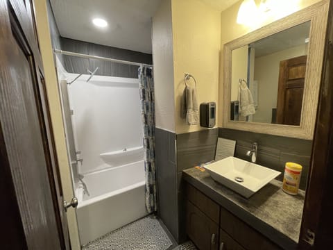 Combined shower/tub, hair dryer, towels, soap