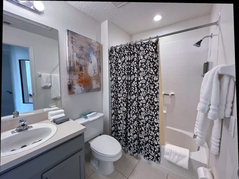 Combined shower/tub, hair dryer, towels, soap